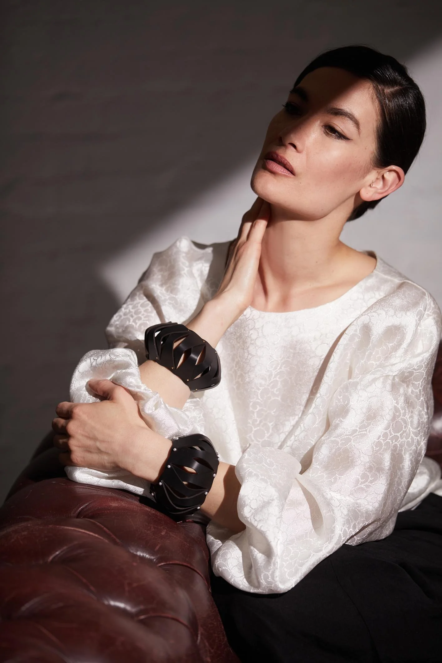 Sculptural and bold Italian black leather bracelet bangle